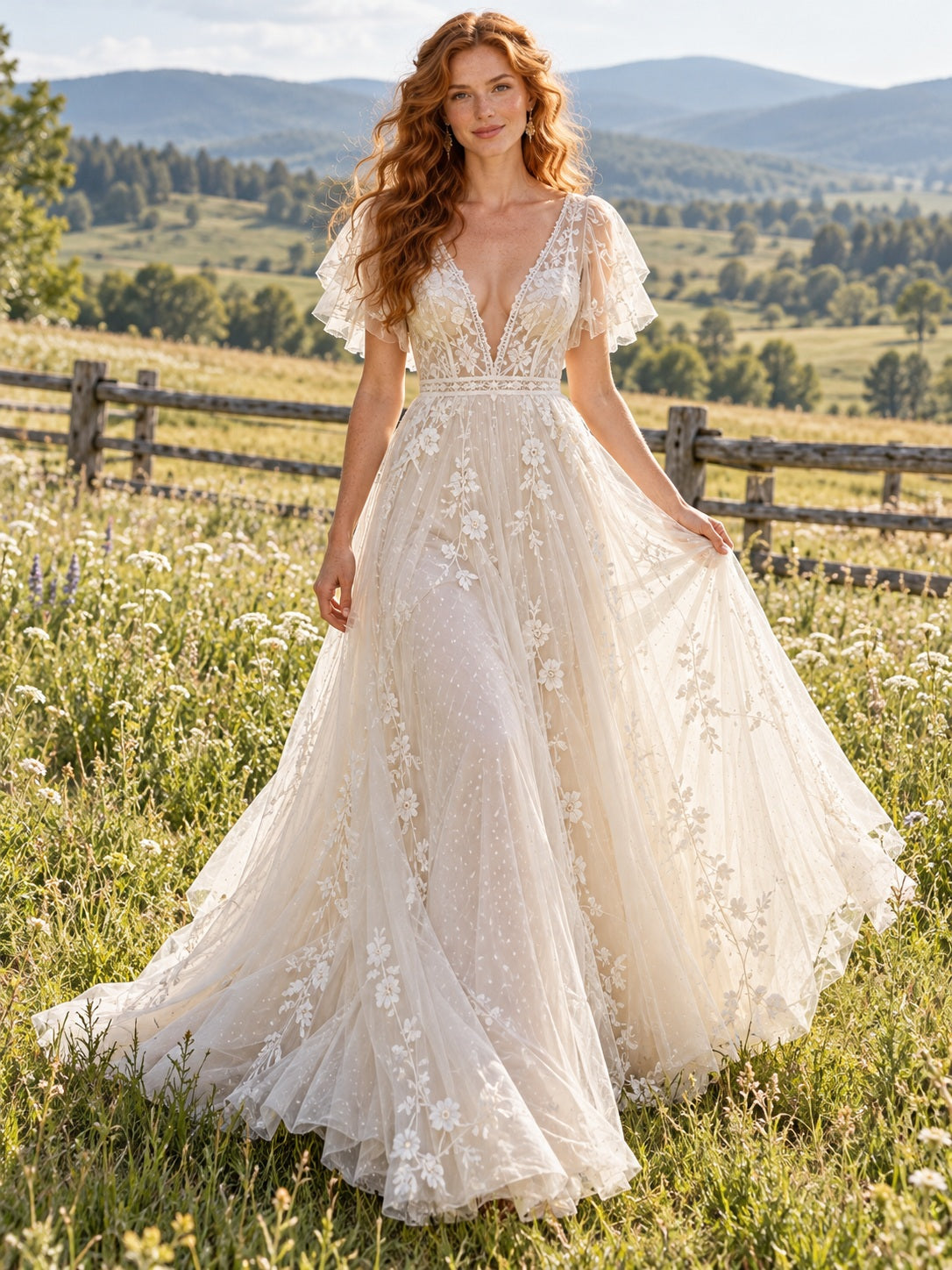 Western-Stil A-Linien-Brautkleid mit tiefem V-Ausschnitt, Schmetterlingsärmeln, floralem Tüll und Country-Flair