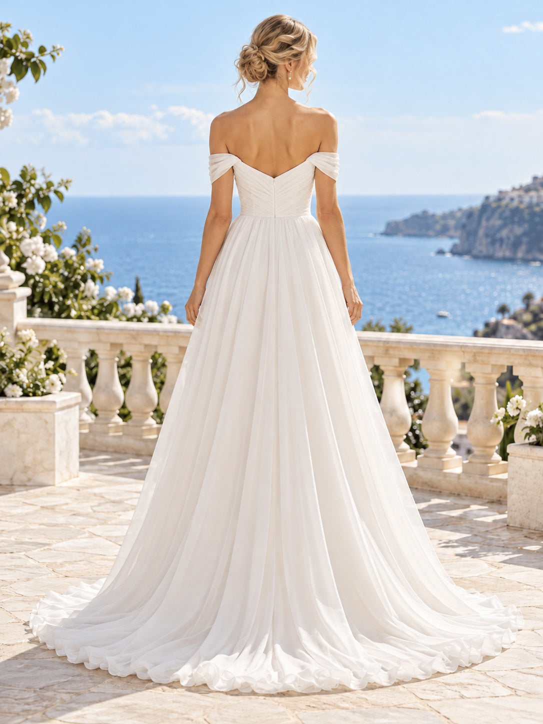 Vestido de novia de gasa en marfil, línea A, hombros descubiertos y escote corazón, manga corta y cola corta