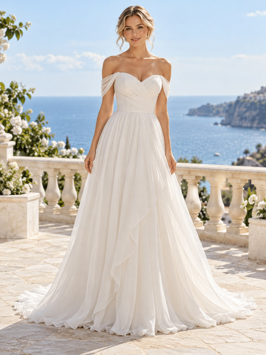 Vestido de novia de gasa en marfil, línea A, hombros descubiertos y escote corazón, manga corta y cola corta