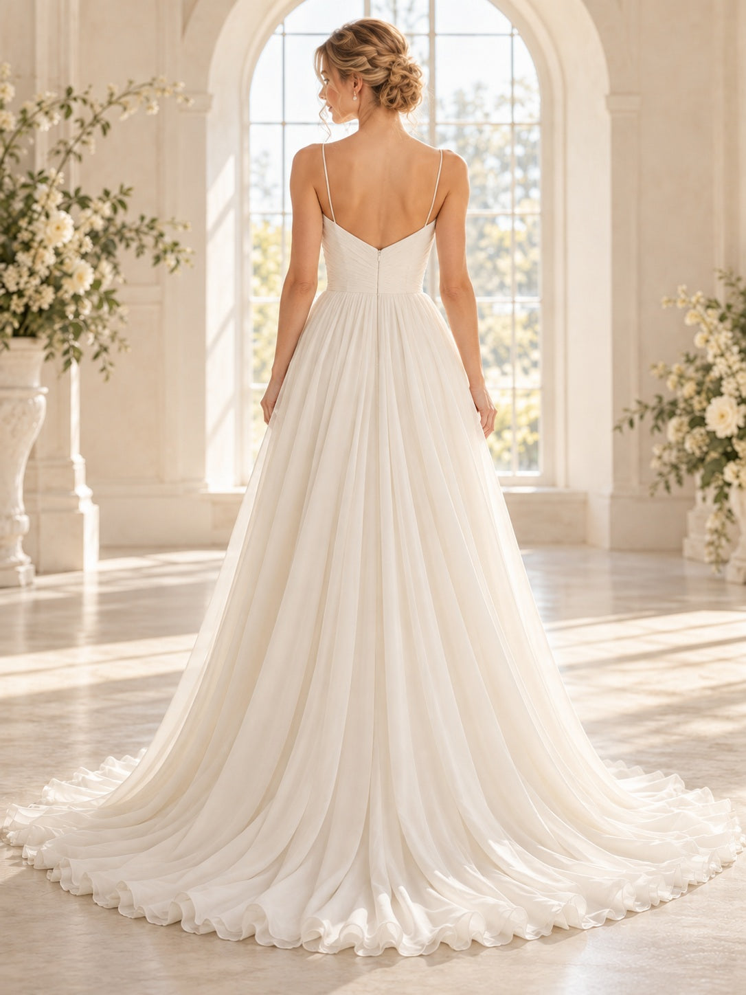 Simple Sweetheart Spaghetti Pleated Chiffon Flowing Full A-Line Bridal Wedding Dress — image 2, style 747288