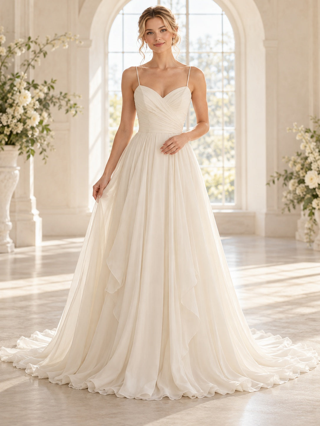 Simple Sweetheart Spaghetti Pleated Chiffon Flowing Full A-Line Bridal Wedding Dress — image 1, style 747288