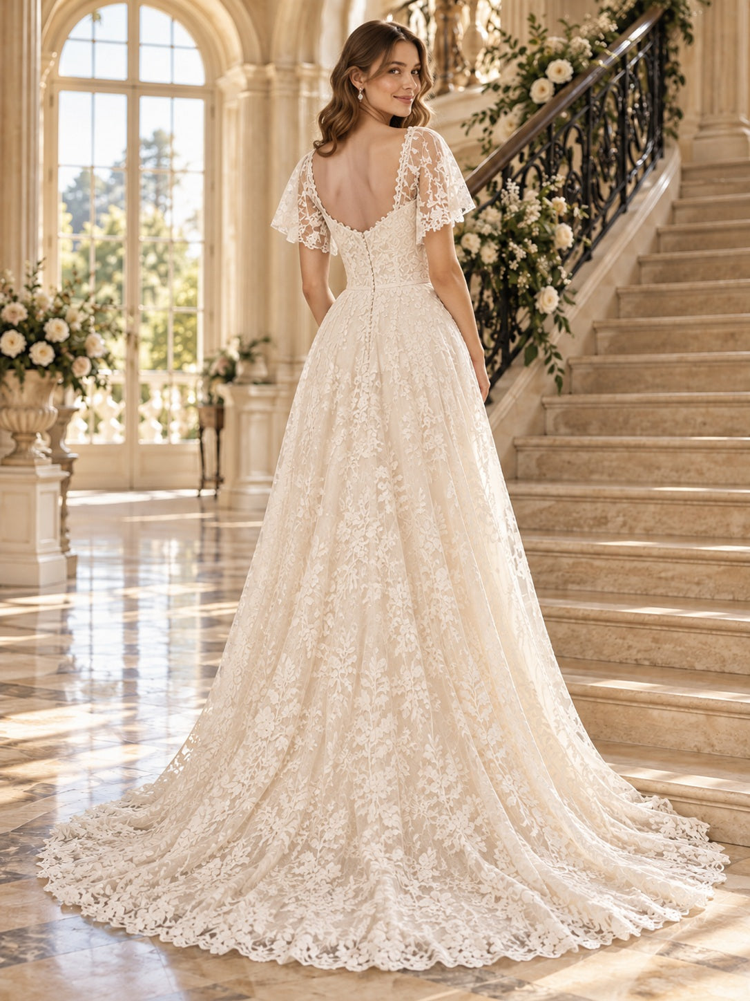 Robe de mariée trapèze en dentelle florale à encolure dégagée, manches papillon et bordure festonnée intégrale