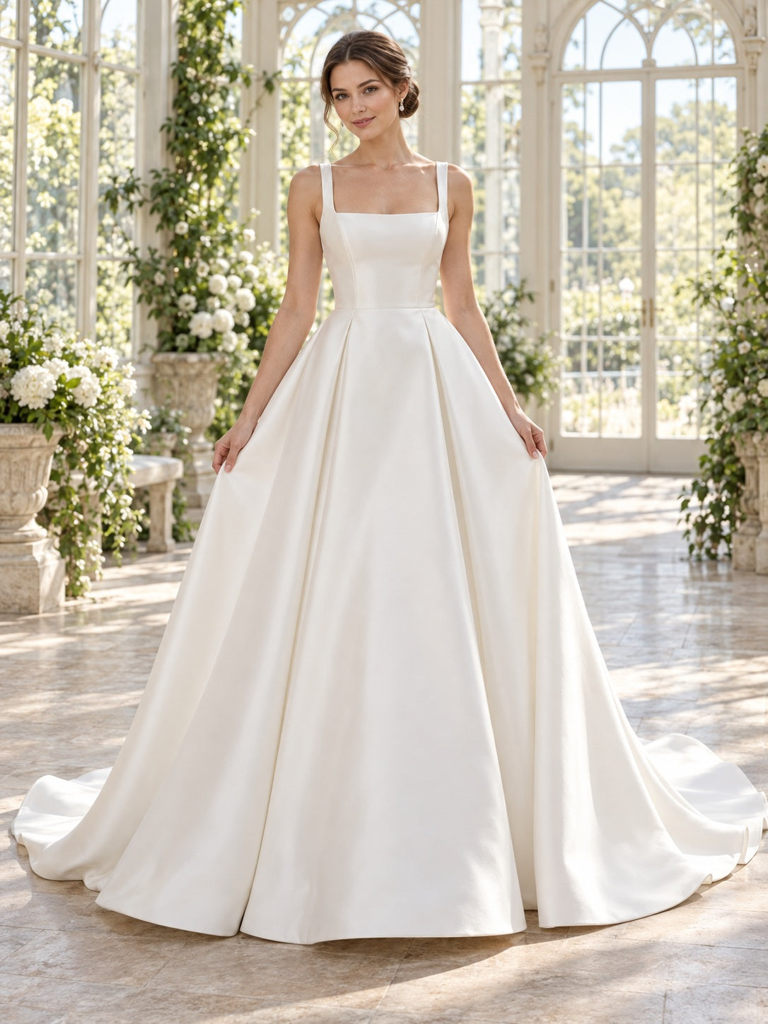 Schlichtes, glattes A-Linien-Brautkleid aus Mikado mit eckigem Ausschnitt und Trägern