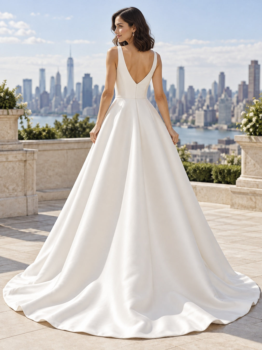 Simple Deep V-neck Strapped Mikado Full Pleated A-Line Bridal Wedding Dress — image 2, style 747298