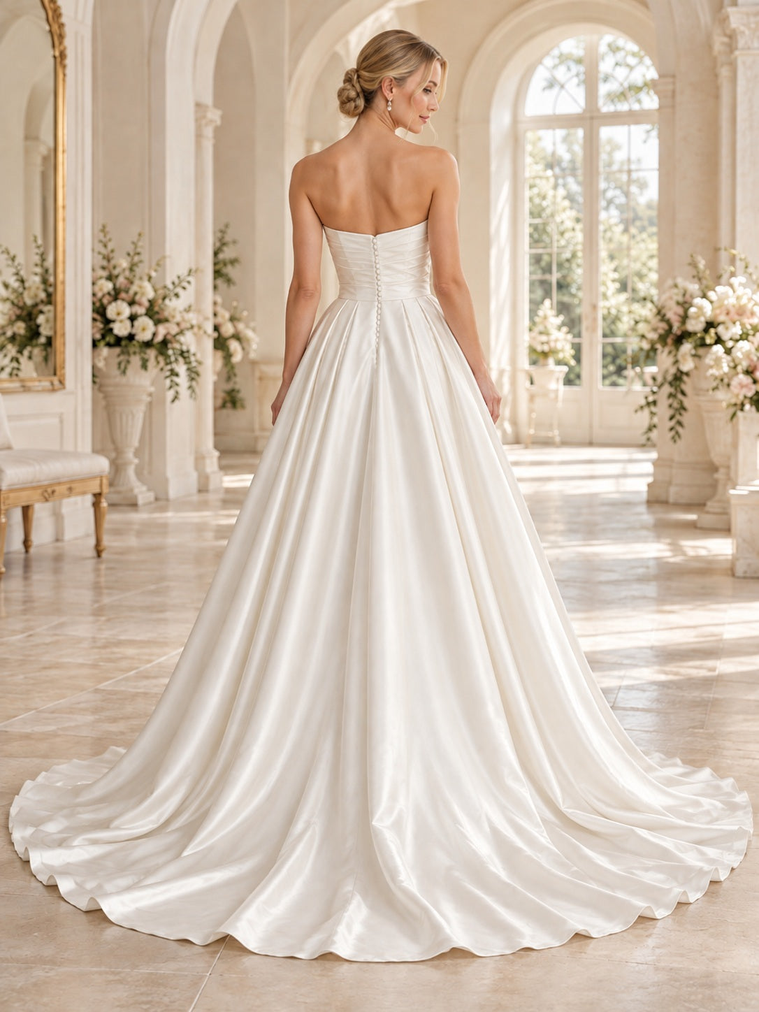 Simple Strapless Sweetheart Ruched Satin Full Flowing A-Line Bridal Wedding Dress — image 2, style 747306