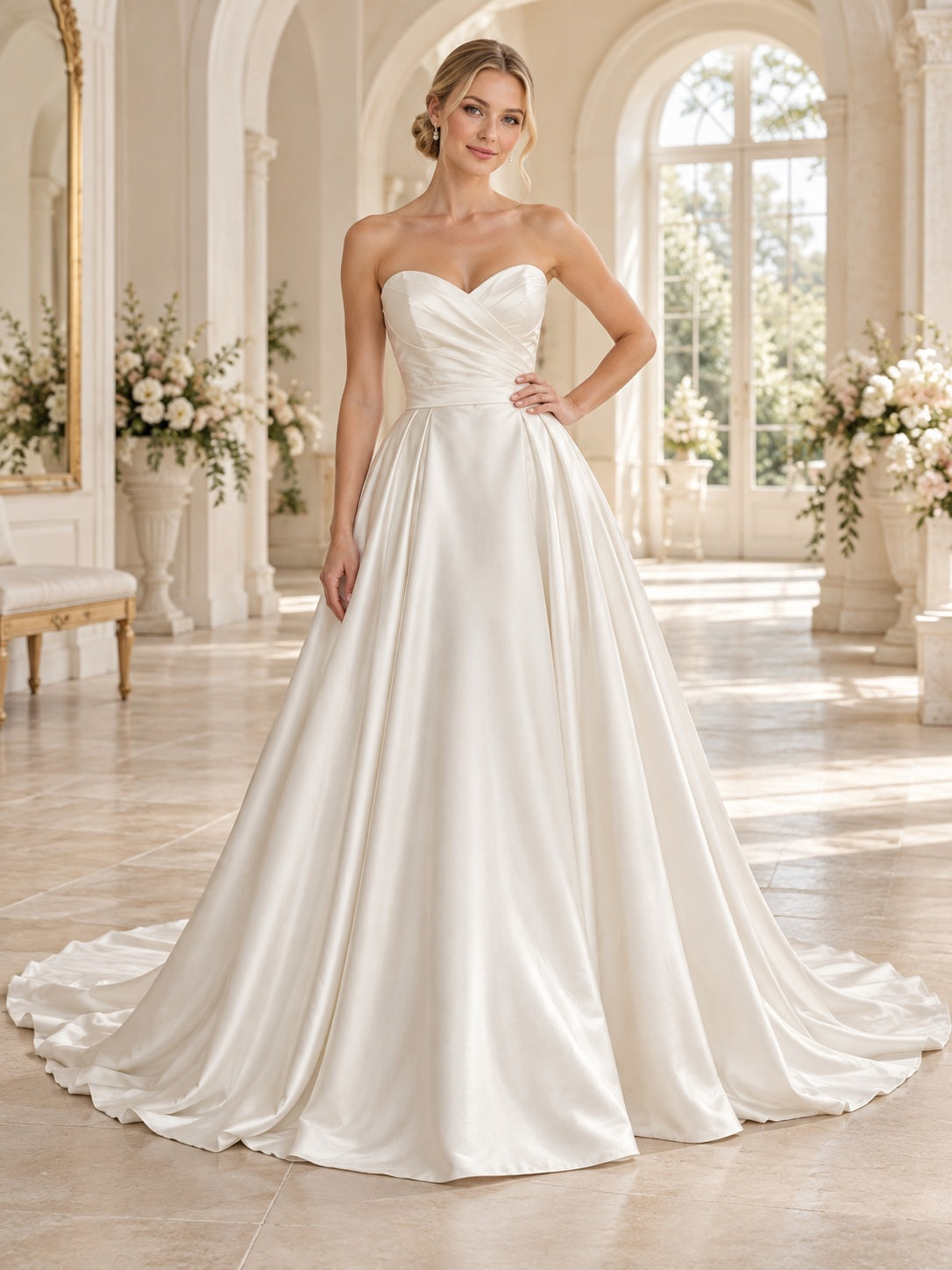 Simple Strapless Sweetheart Ruched Satin Full Flowing A-Line Bridal Wedding Dress — image 1, style 747306