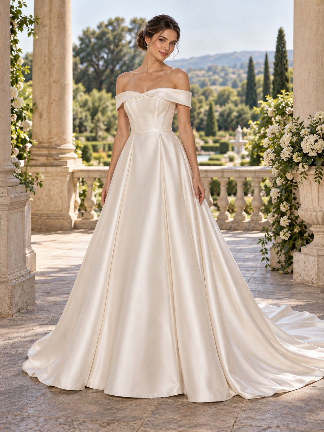 Simple Off Shoulder Folded Satin Full Pleated A-Line Bridal Wedding Dress — image 1, style 747307
