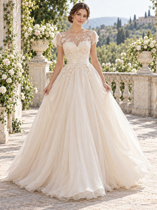 Robe de mariée de bal ample en mousseline et dentelle florale à encolure bateau et mancherons