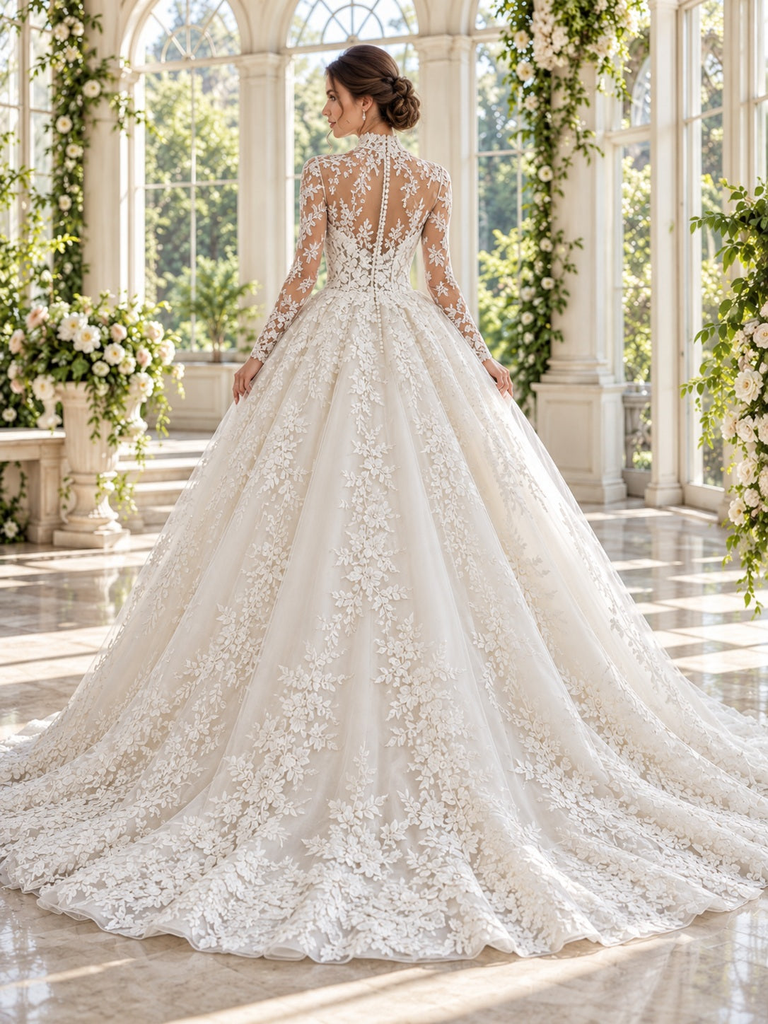 Modest Long Sleeve High Neck Floral Lace Full Ball Gown Wedding Dress — image 2, style 747321