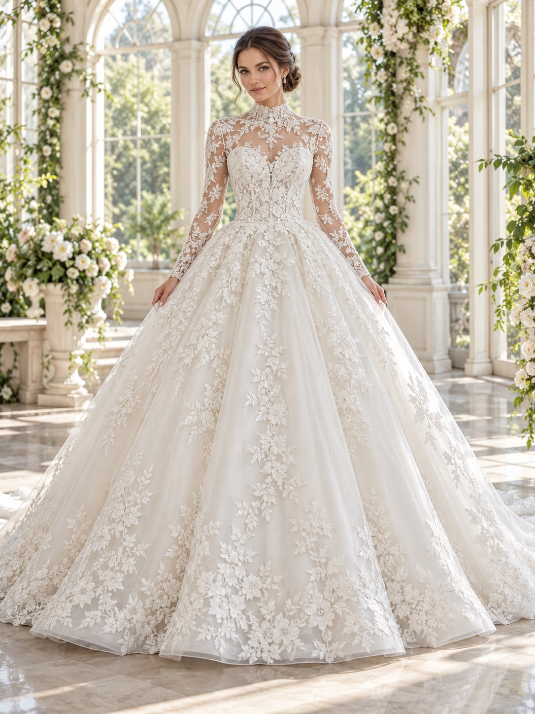 Modest Long Sleeve High Neck Floral Lace Full Ball Gown Wedding Dress — image 1, style 747321