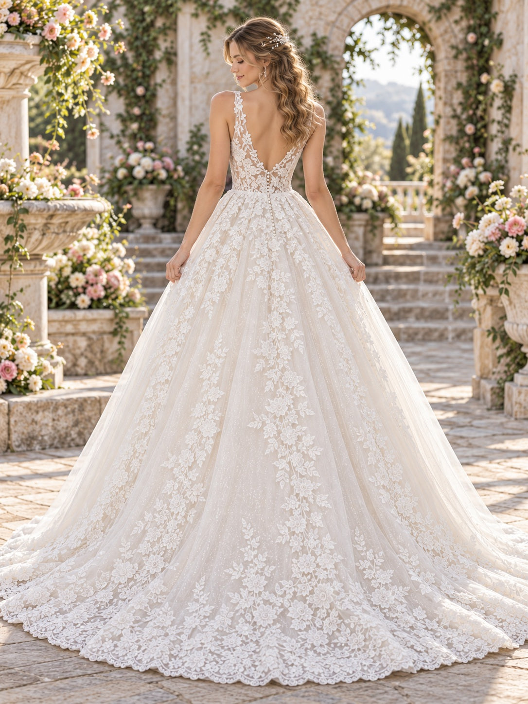 Brautkleid im Prinzessinnen-Ballkleid-Stil mit tiefem V-Ausschnitt, floraler Spitze und Trägern
