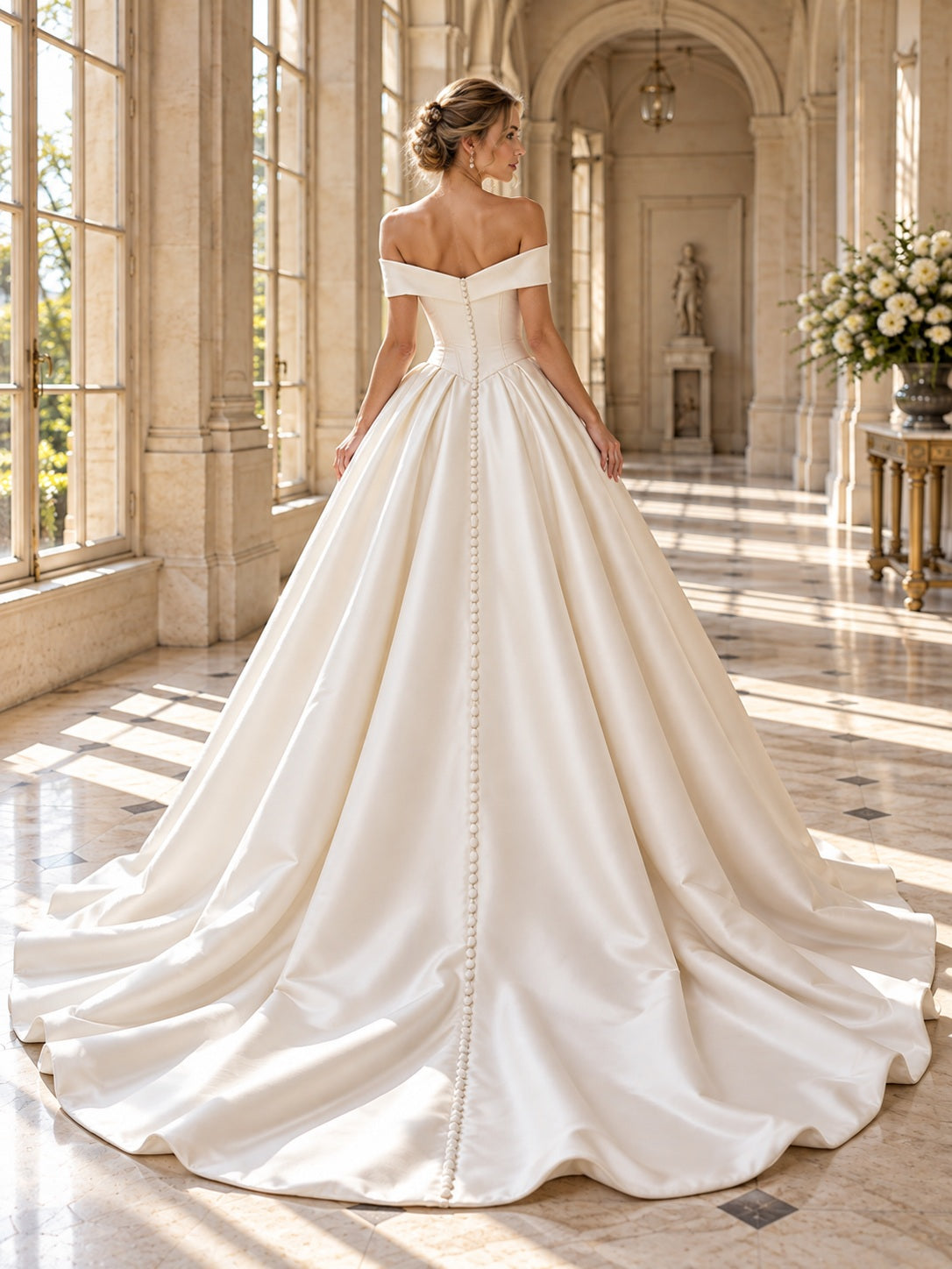 Simple Off Shoulder Folded Mikado Full Princess Ball Gown Wedding Dress — image 2, style 747326