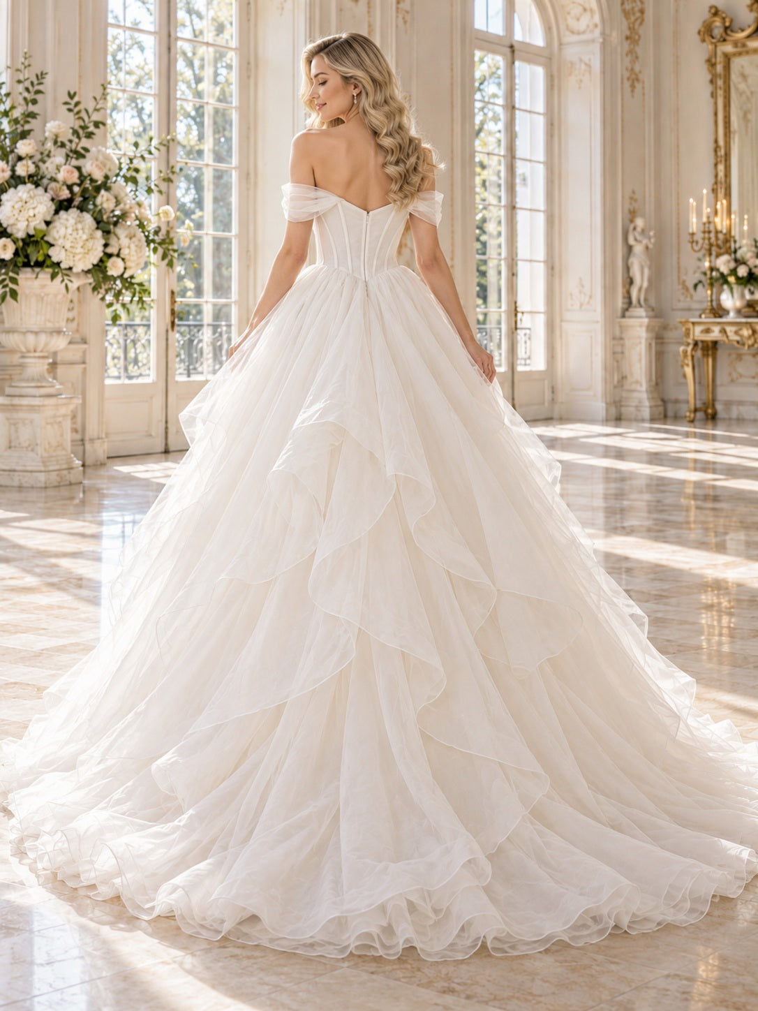 Off Shoulder Sweetheart Layered Organza Full Princess Ball Gown Wedding Dress — image 2, style 747331