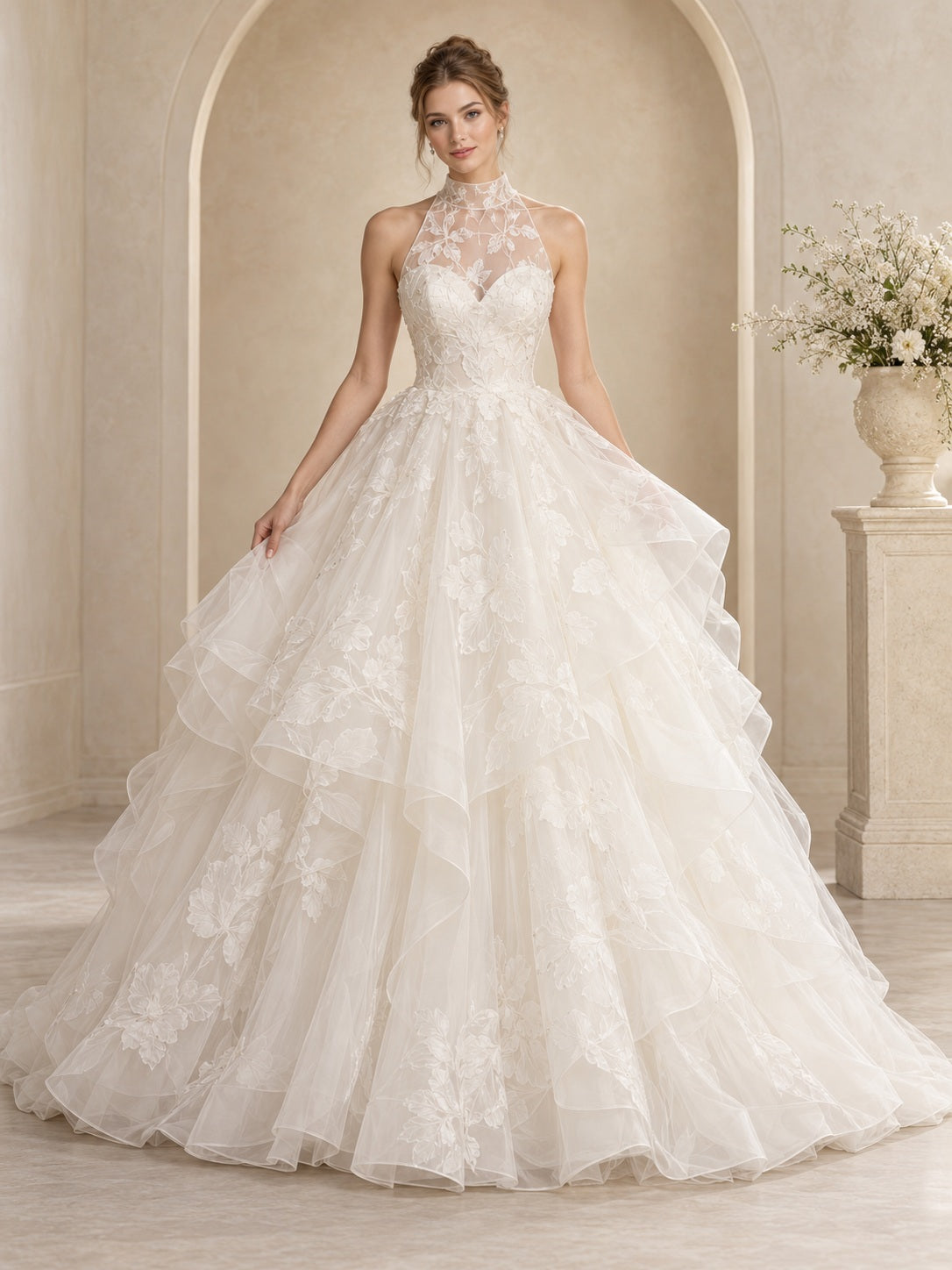 Halter High Neck Floral Lace Organza Full Ball Gown Wedding Dress — image 1, style 747334