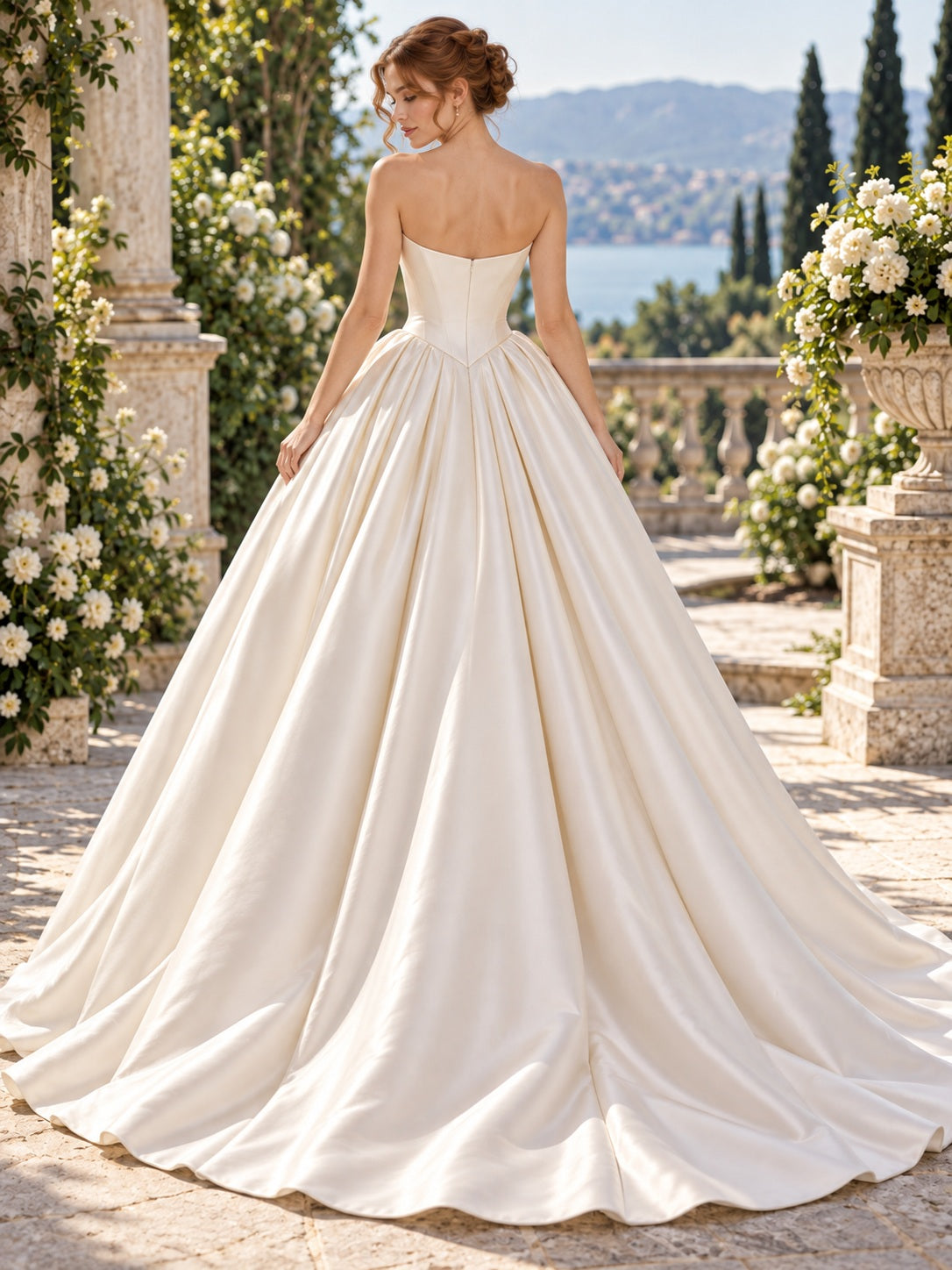 Simple Strapless Smooth Satin Full Pleated Princess Ball Gown Bridal Wedding Dress — image 2, style 747337