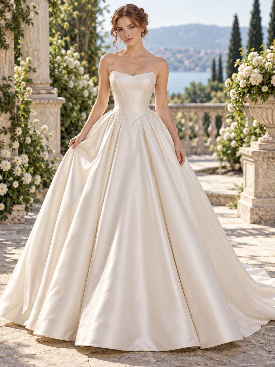 Simple Strapless Smooth Satin Full Pleated Princess Ball Gown Bridal Wedding Dress — image 1, style 747337