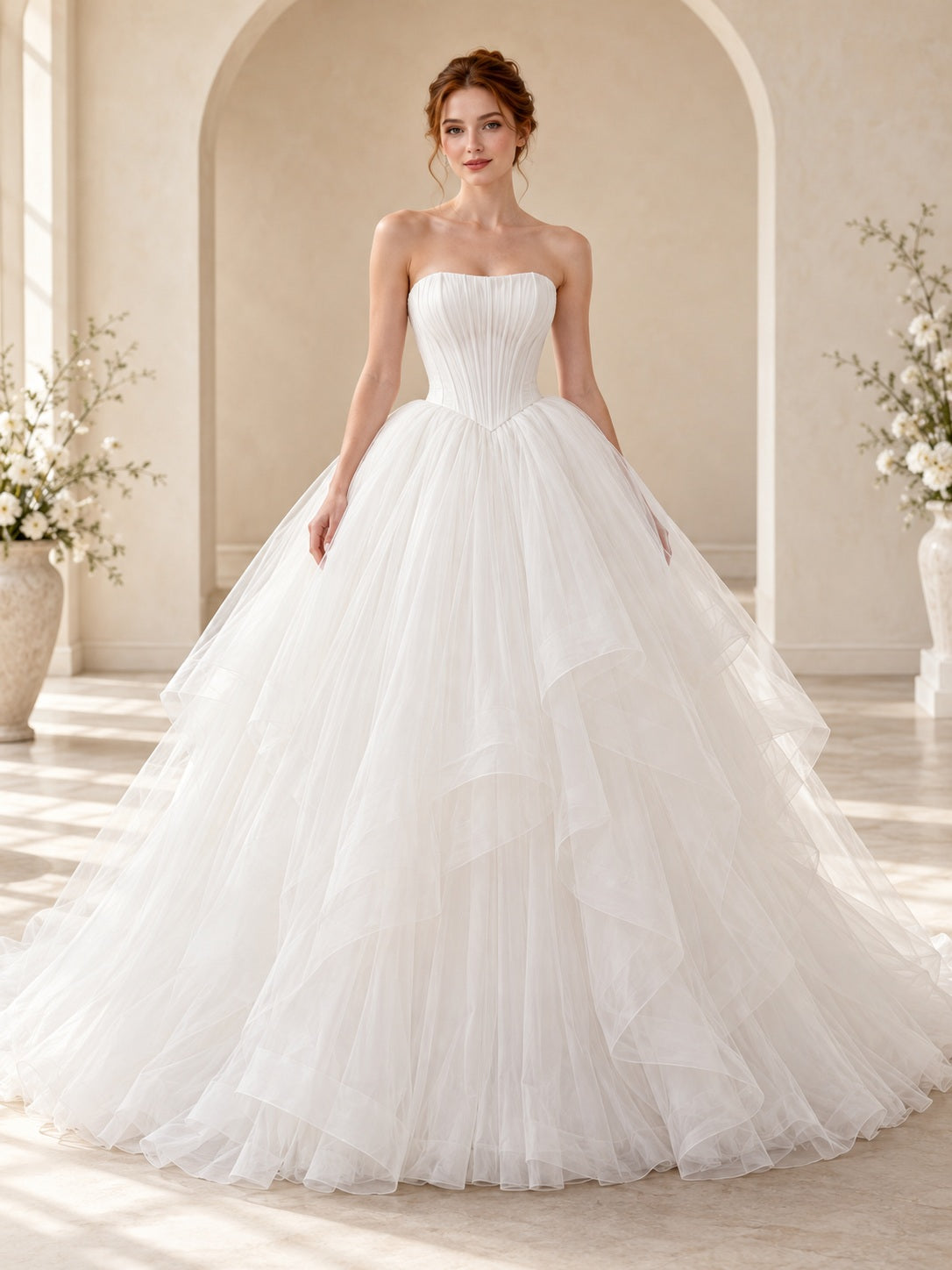Robe de mariée de princesse bustier froncée à volants en tulle fluide