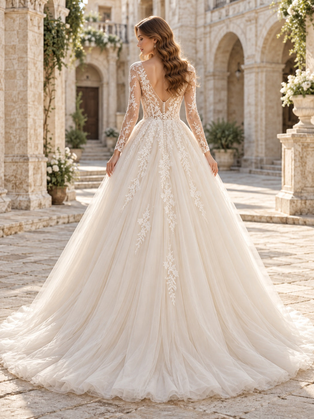 Vestido de novia de tul y encaje en marfil, corte princesa, escote en V, manga larga y cola corta