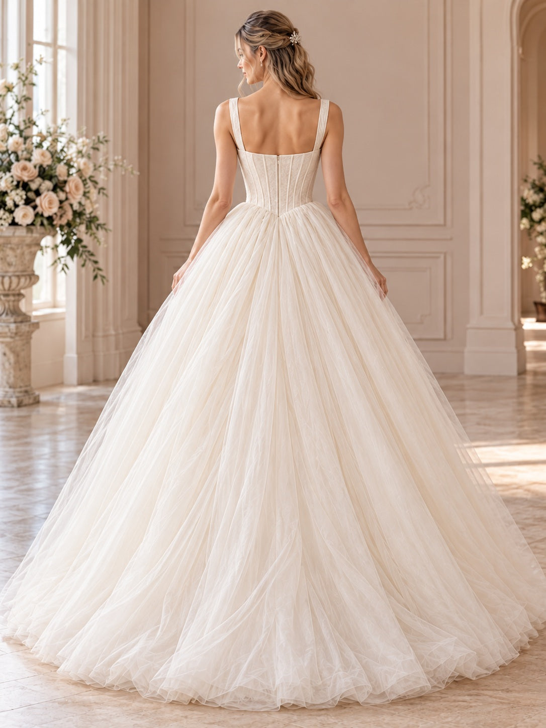 Square Neck Strapped Ruched Tulle Full Princess Ball Gown Bridal Wedding Dress — image 2, style 747344