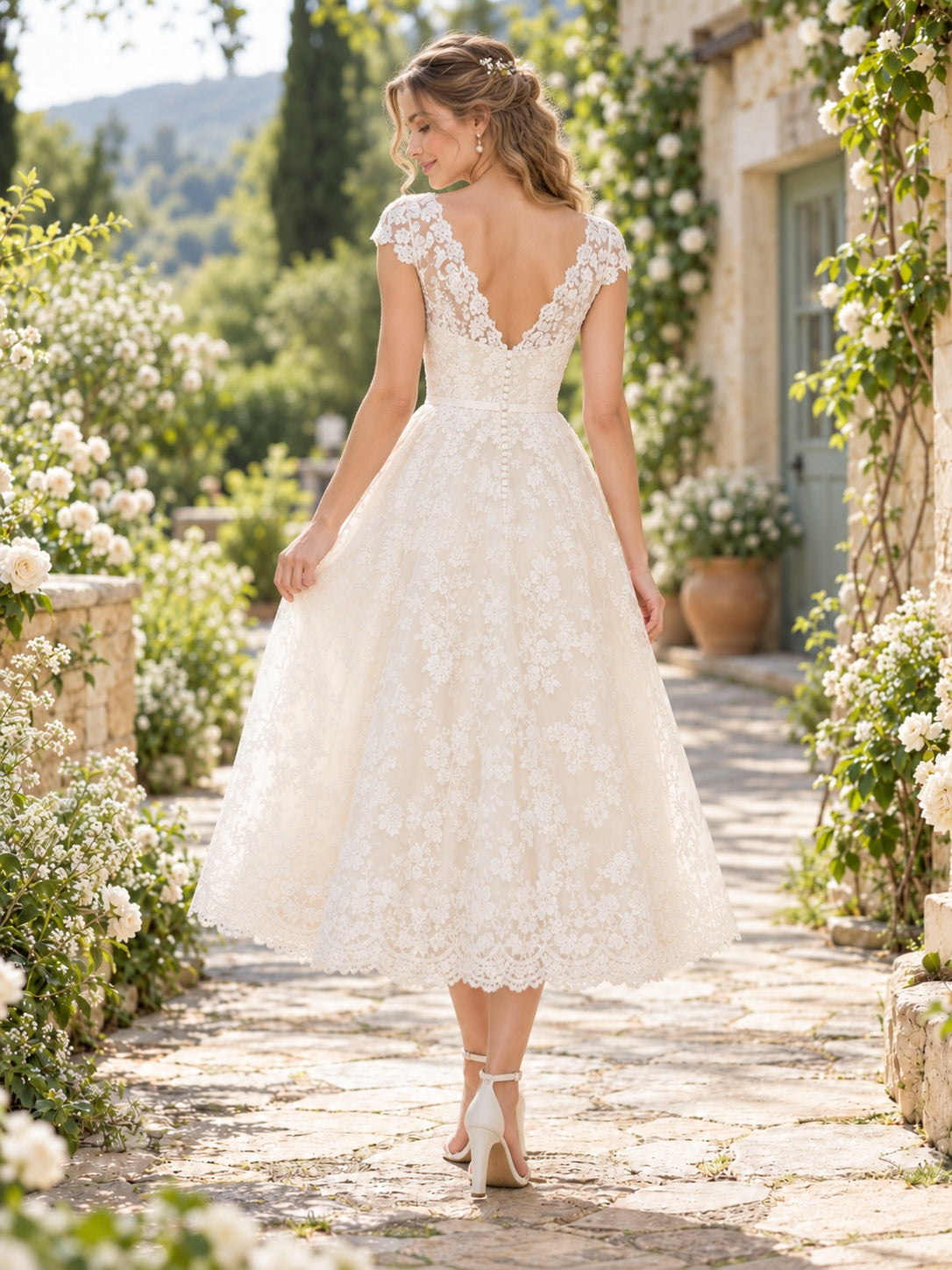 Legeres, bodenlanges A-Linien-Brautkleid mit V-Ausschnitt, Flügelärmeln und floraler Spitze