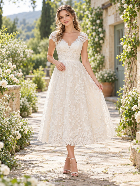 Casual Tea-length V-neck Cap Sleeve Floral Lace Full A-Line Wedding Dress — image 1, style 747352