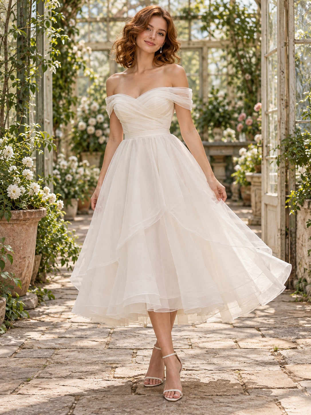 Casual Tea-length Off Shoulder Sweetheart Tiered Organza A-Line Bridal Wedding Dress — image 1, style 747358