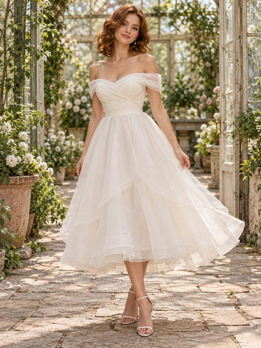 Casual Tea-length Off Shoulder Sweetheart Tiered Organza A-Line Bridal Wedding Dress — image 1, style 747358