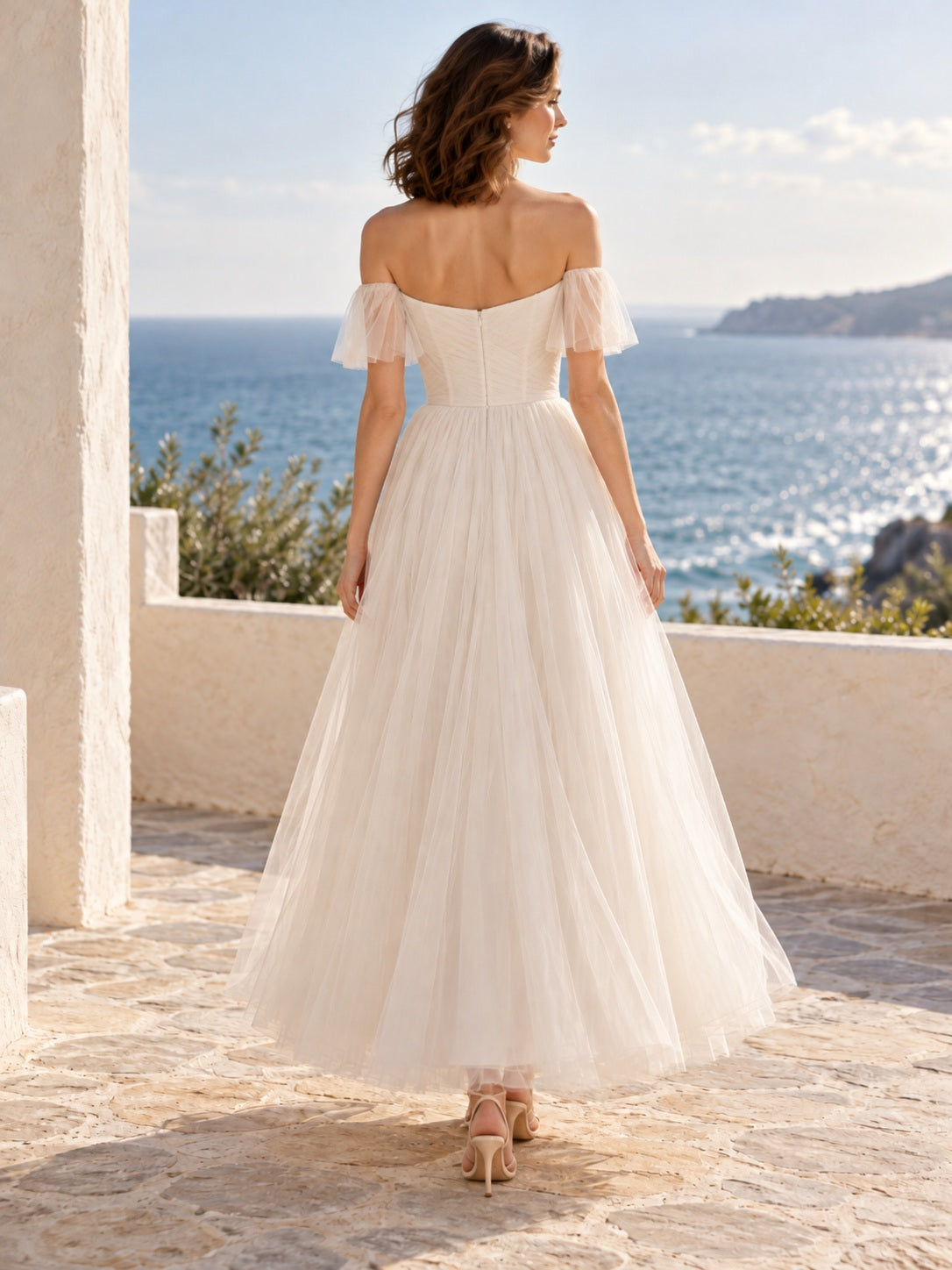 Simple Casual Off Shoulder Flutter Sleeve Tulle Ankle A-Line Wedding Dress — image 2, style 747366