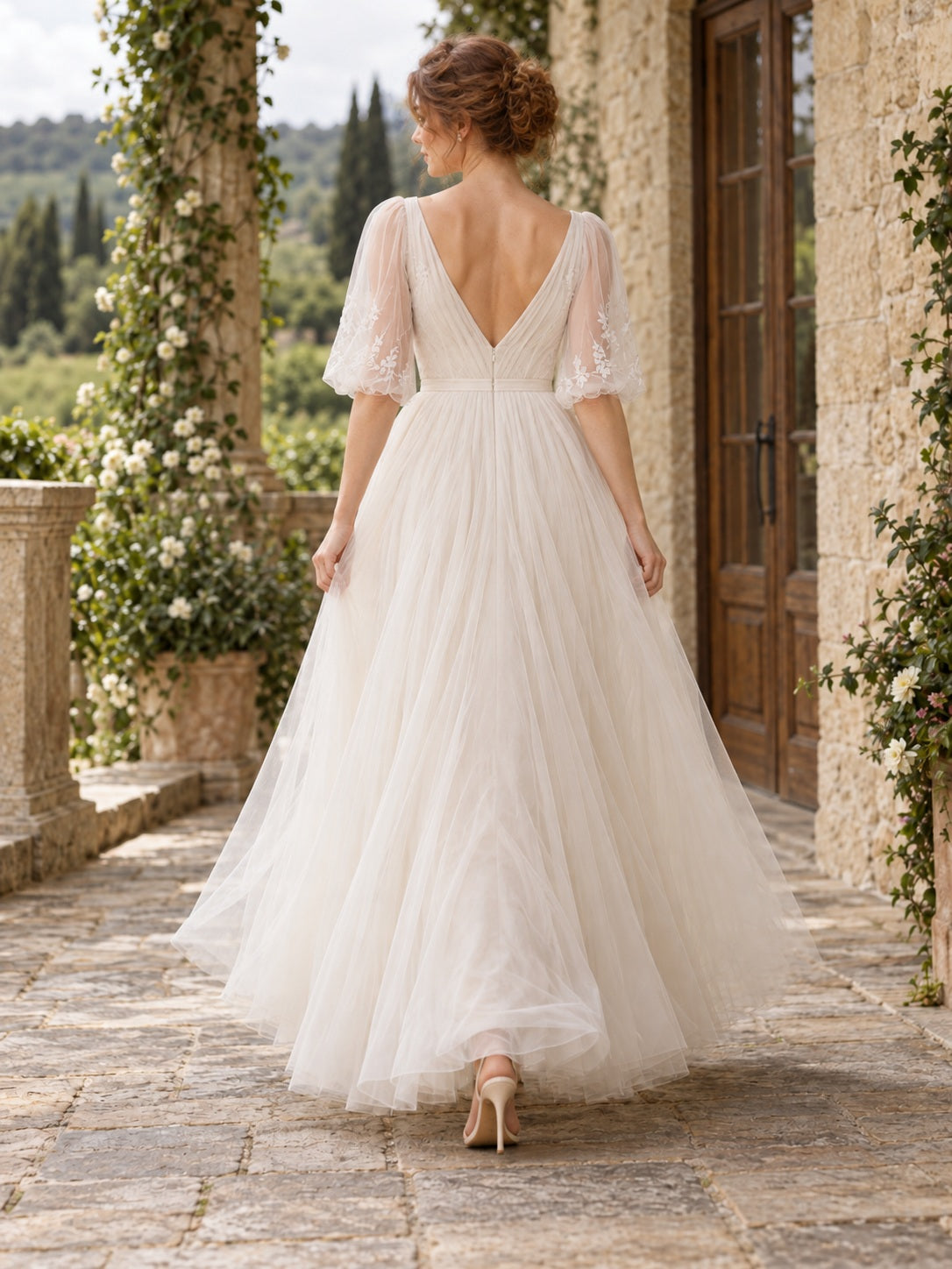 Casual V-neck Half Sleeve Layered Tulle Ankle A-Line Bridal Wedding Dress — image 2, style 747368