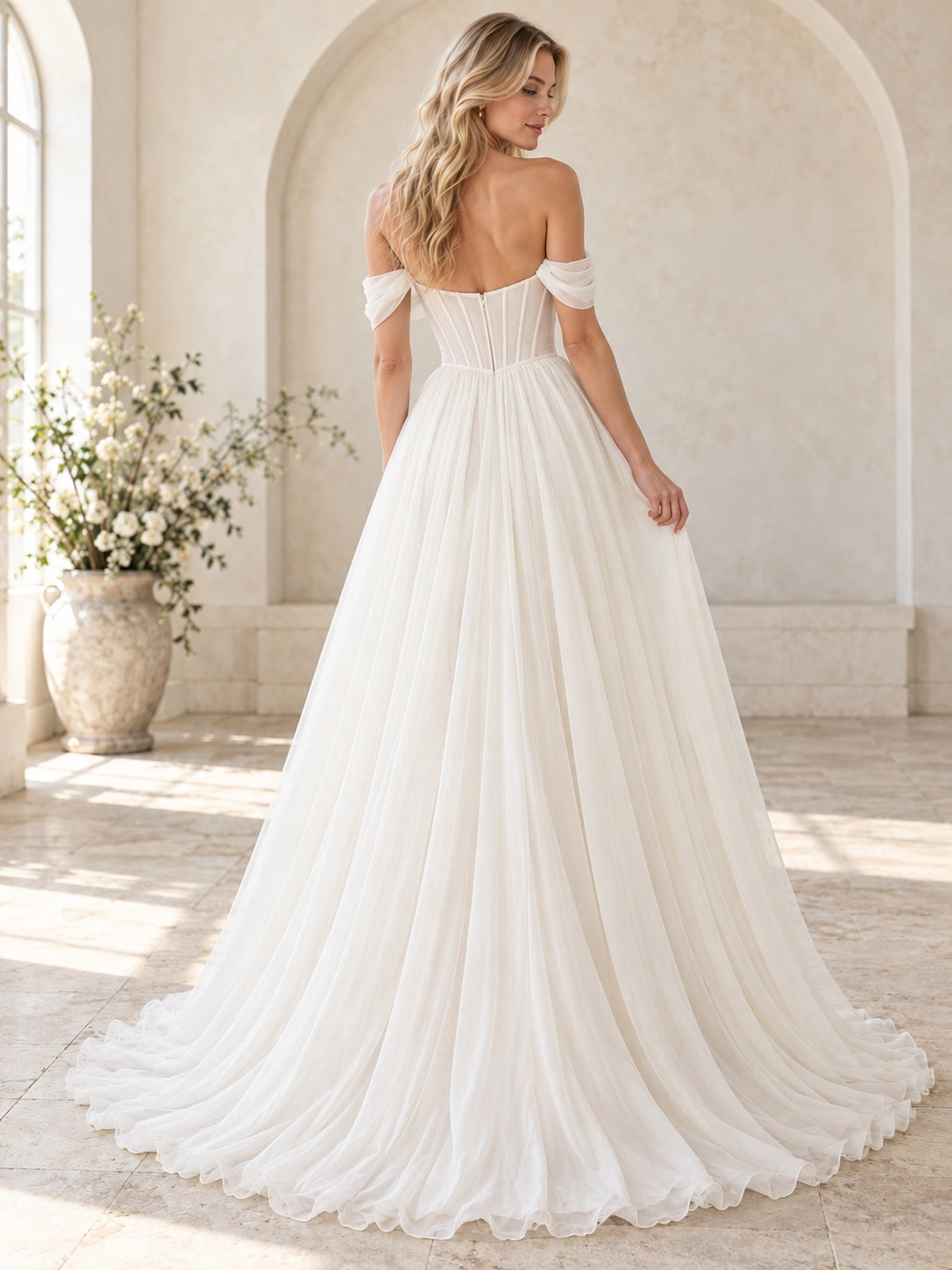 Corset Off Shoulder Sweetheart Romantic Draped Pleated Chiffon A-line Bridal Wedding Dress — image 2, style 747374