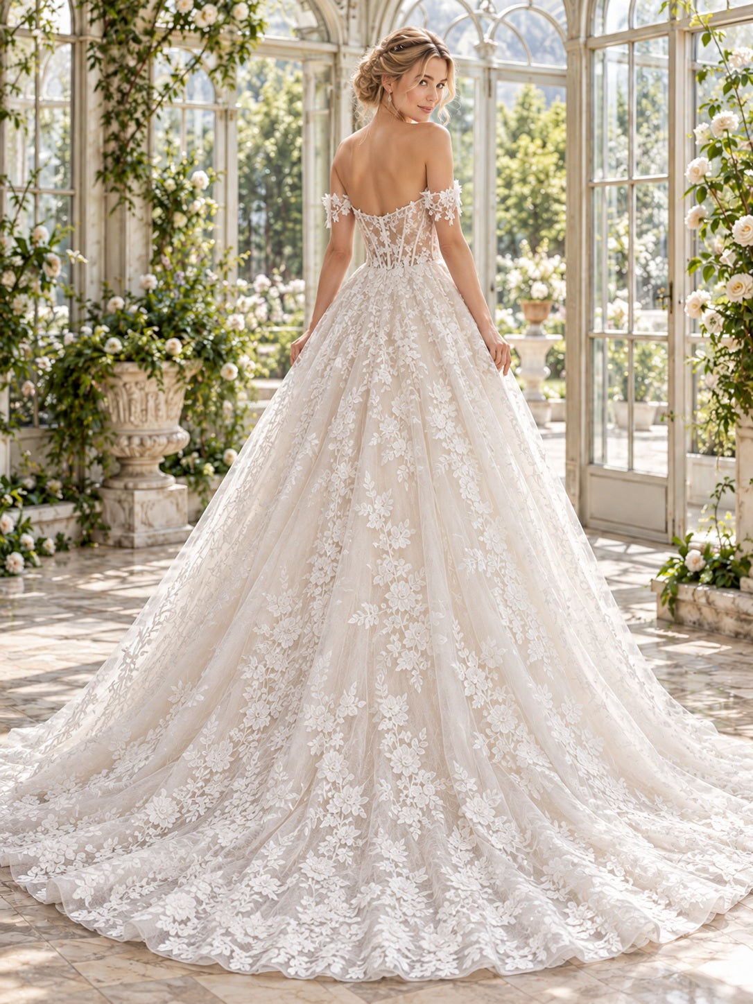 Vestido de novia de encaje y tul en marfil, línea A, hombros descubiertos y escote corazón, manga corta y cola capilla