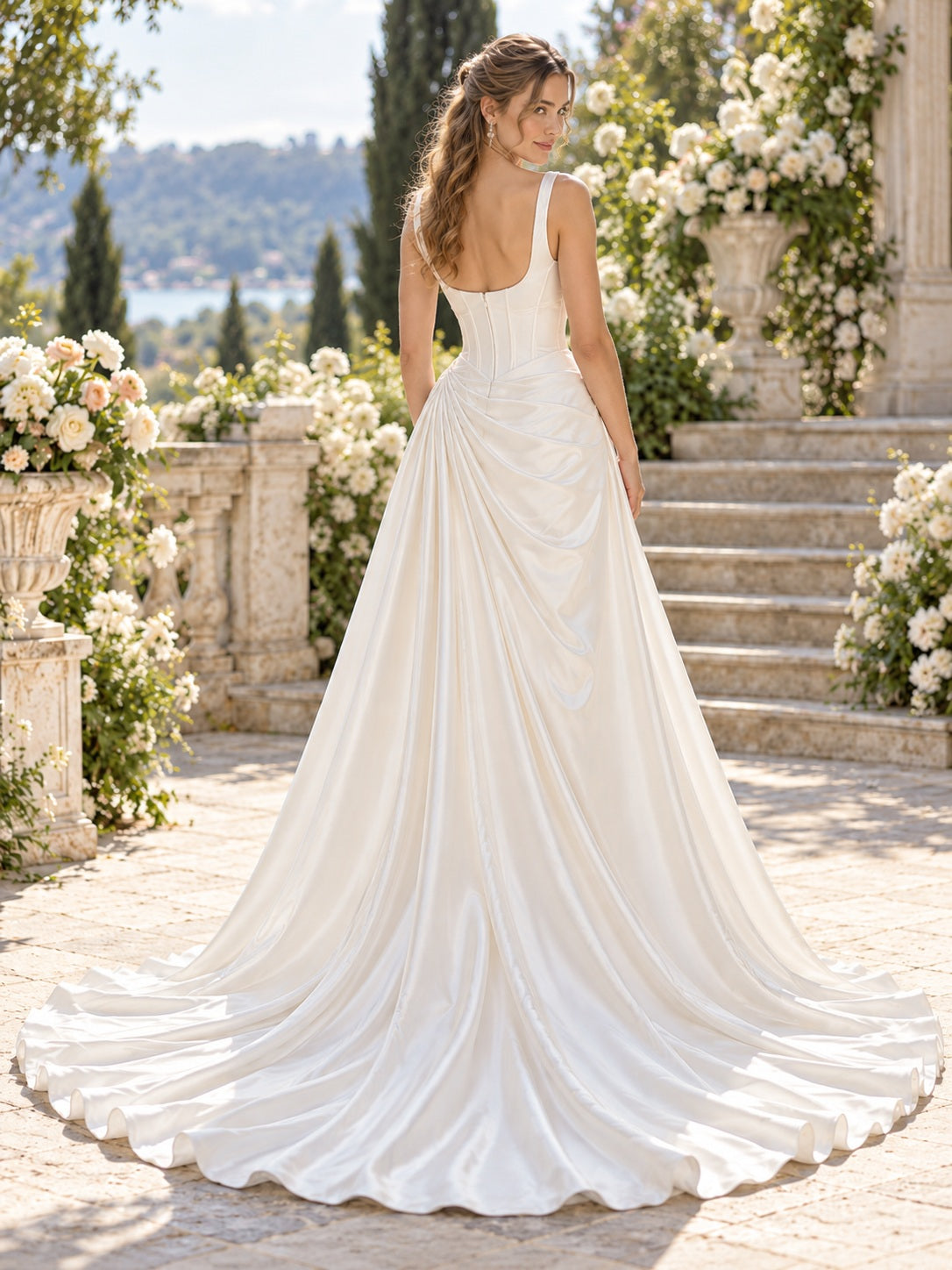 Robe de mariée simple en satin coupe trapèze, corset à encolure en V avec bretelles, élégant drapé sur le côté et traîne