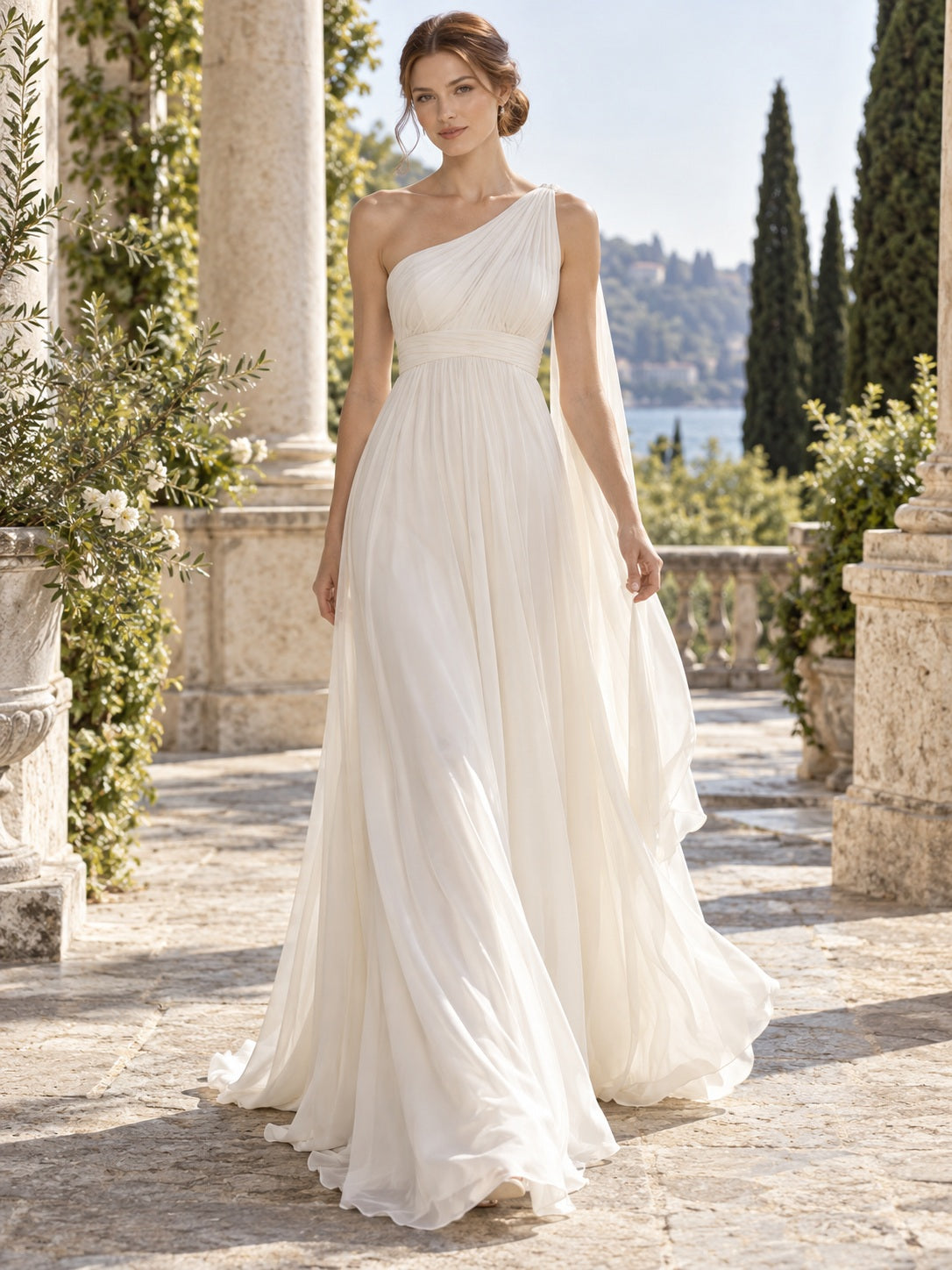 Schlichtes, elegantes One-Shoulder-Brautkleid aus fließendem Chiffon mit drapiertem Cape, A-Linie und Schleppe