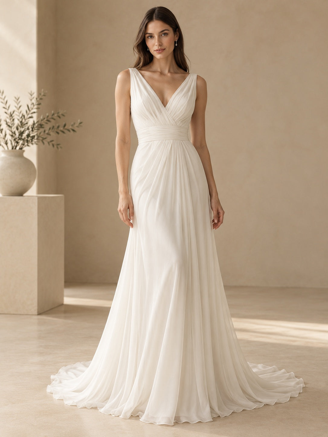 Schlichtes, elegantes A-Linien-Brautkleid aus fließendem Chiffon mit V-Ausschnitt, Trägern, Raffungen und Schleppe