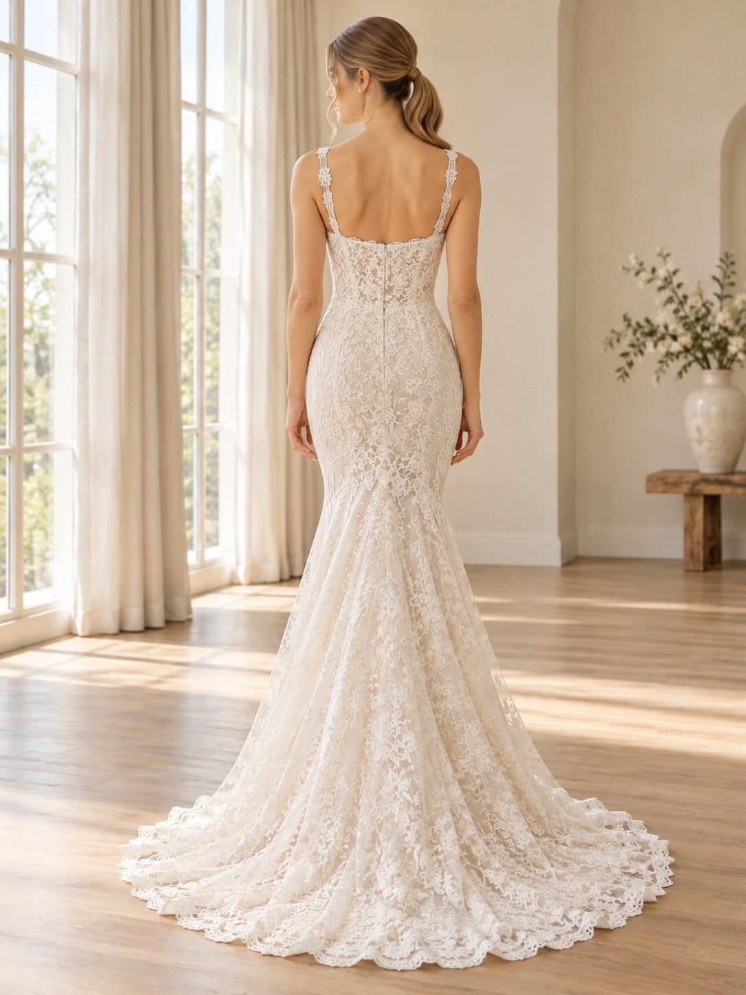 Elegantes, figurbetontes Braut- und Hochzeitskleid mit eckigem Ausschnitt, Meerjungfrau-Silhouette, Trägern, floraler Spitze, Bogenkante und Schleppe