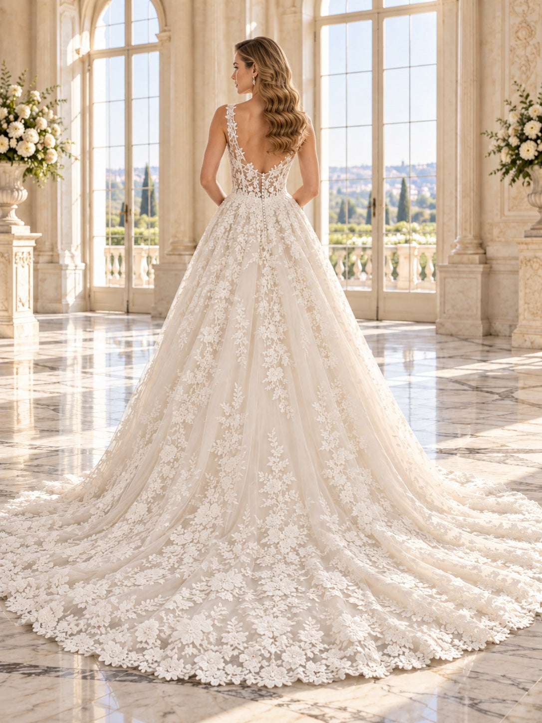 Elegantes, romantisches A-Linien-Brautkleid mit V-Ausschnitt, Trägern, floraler Spitze, vollständig gesäumtem Rand und Schleppe