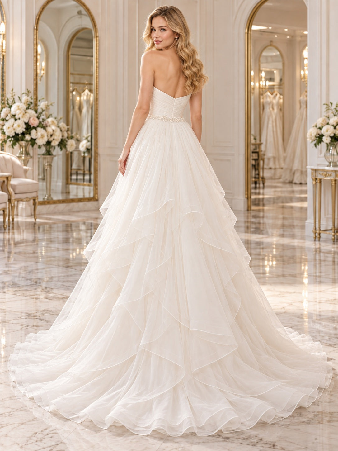 Elegant Strapless Sweetheart Romantic Tiered Ruffled Organza Full A-line Bridal Wedding Dress with Train — image 2, style 747405