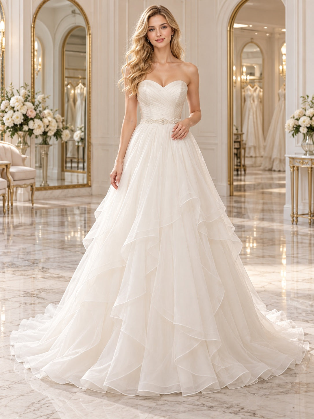 Elegant Strapless Sweetheart Romantic Tiered Ruffled Organza Full A-line Bridal Wedding Dress with Train — image 1, style 747405