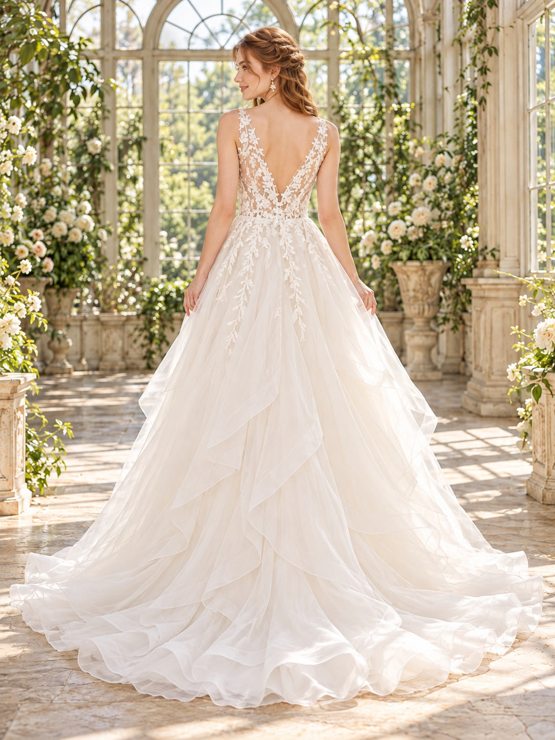 Élégante robe de mariée coupe trapèze en organza à volants en cascade, dentelle florale, col en V et bretelles, avec traîne