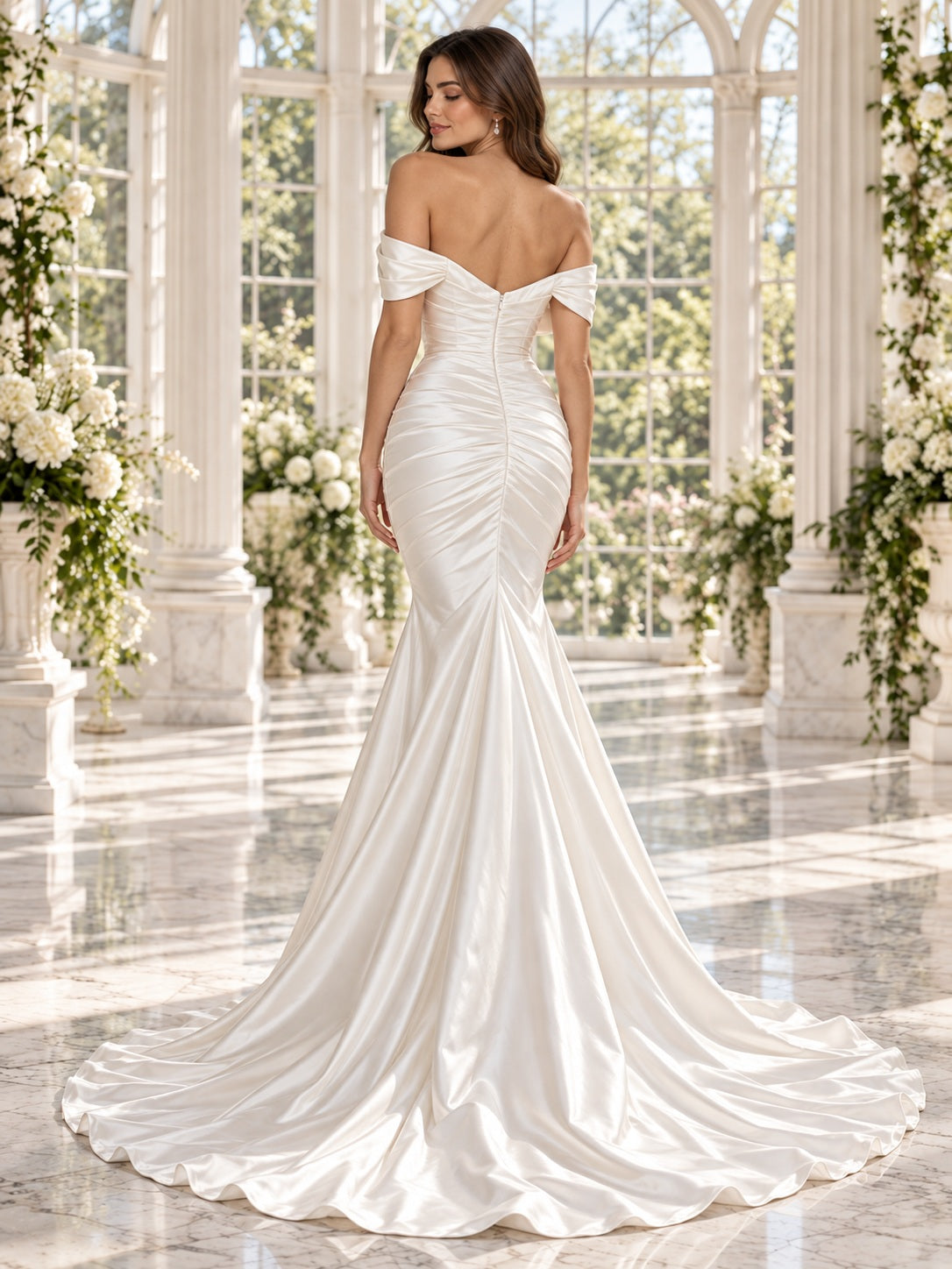Schlichtes elegantes figurbetontes Brautkleid aus Satin mit Meerjungfrau-Schnitt, schulterfreiem herzförmigen Ausschnitt, Raffungen und Schleppe