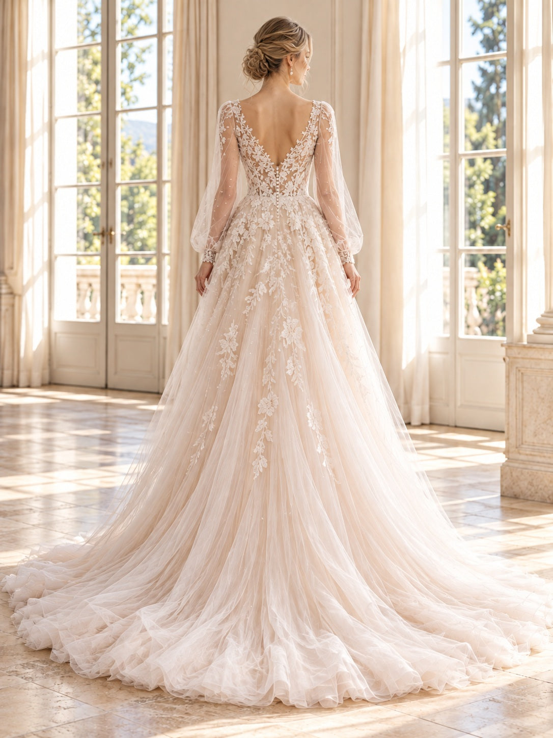 Elegantes, romantisches Braut- und Hochzeitskleid in A-Linie mit langen Ärmeln, zartrosa V-Ausschnitt, floraler Spitze und Tüll