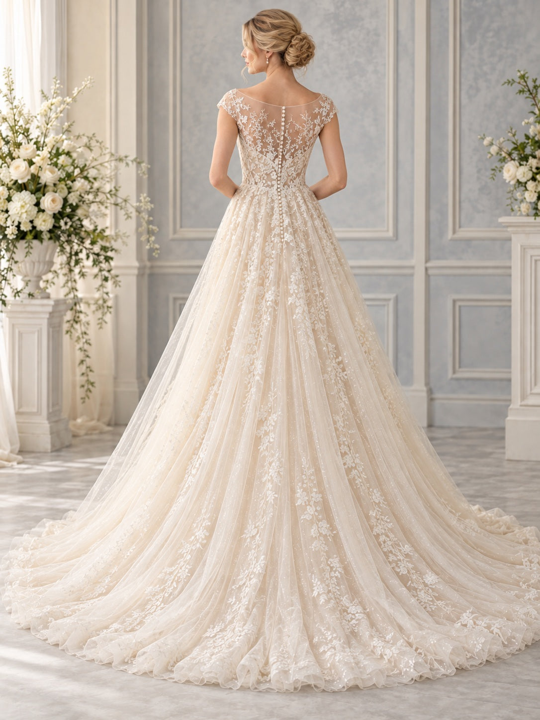 Elegantes champagnerfarbenes A-Linien-Brautkleid aus Tüll mit floraler Illusionsspitze und Flügelärmeln