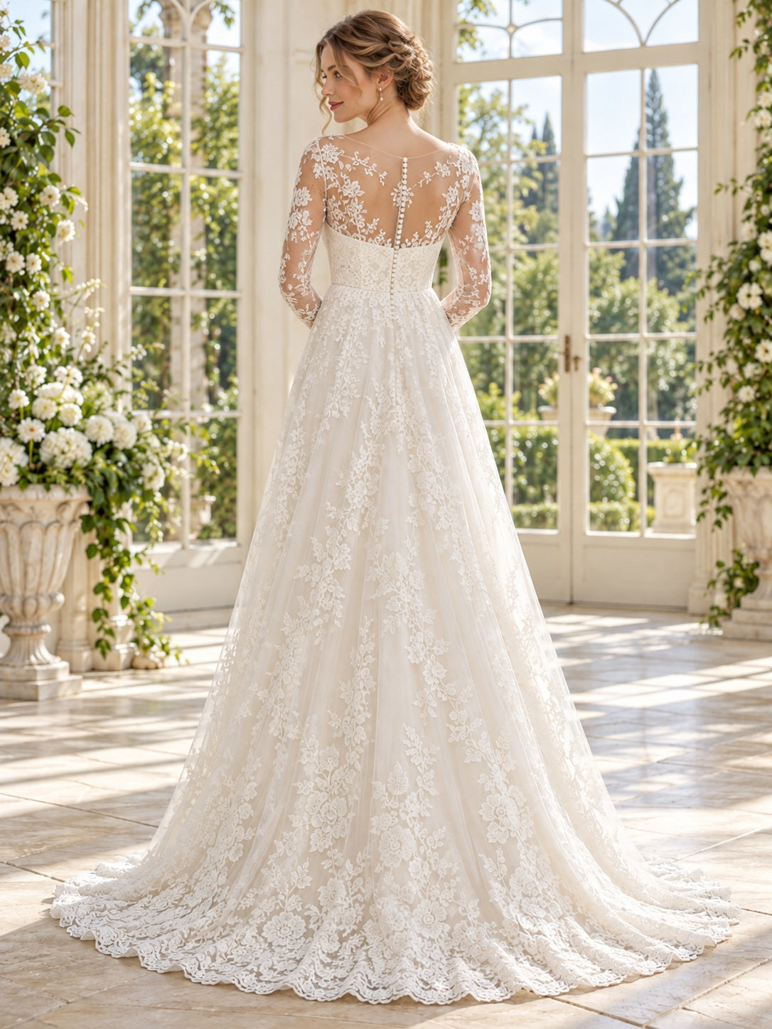 Vestido de novia de encaje y tul en marfil, corte imperio, escote barco y escote corazón, manga larga y cola corta