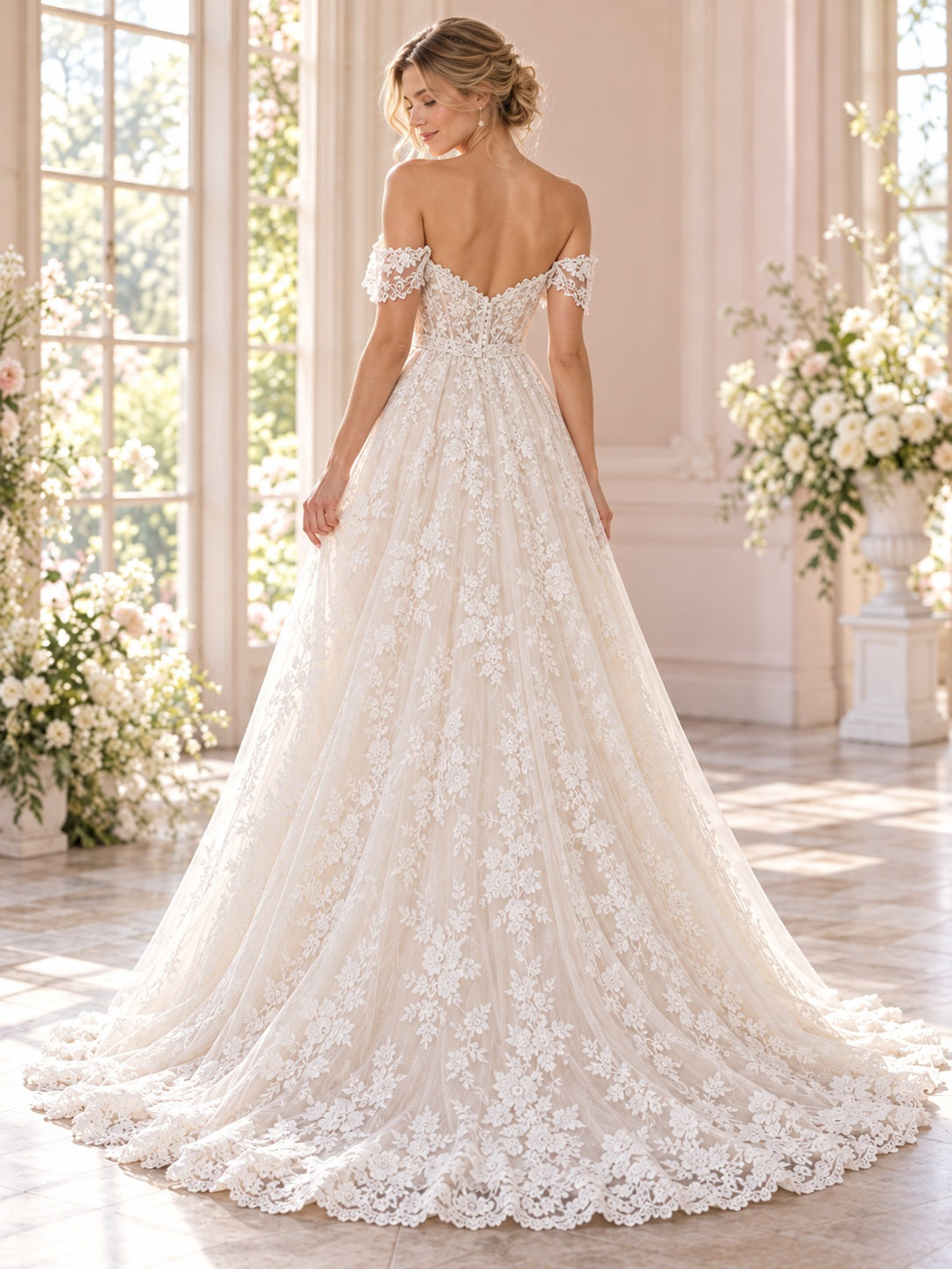 Vestido de novia de encaje y tul en marfil, corte imperio, hombros descubiertos y escote corazón, manga corta y cola corta