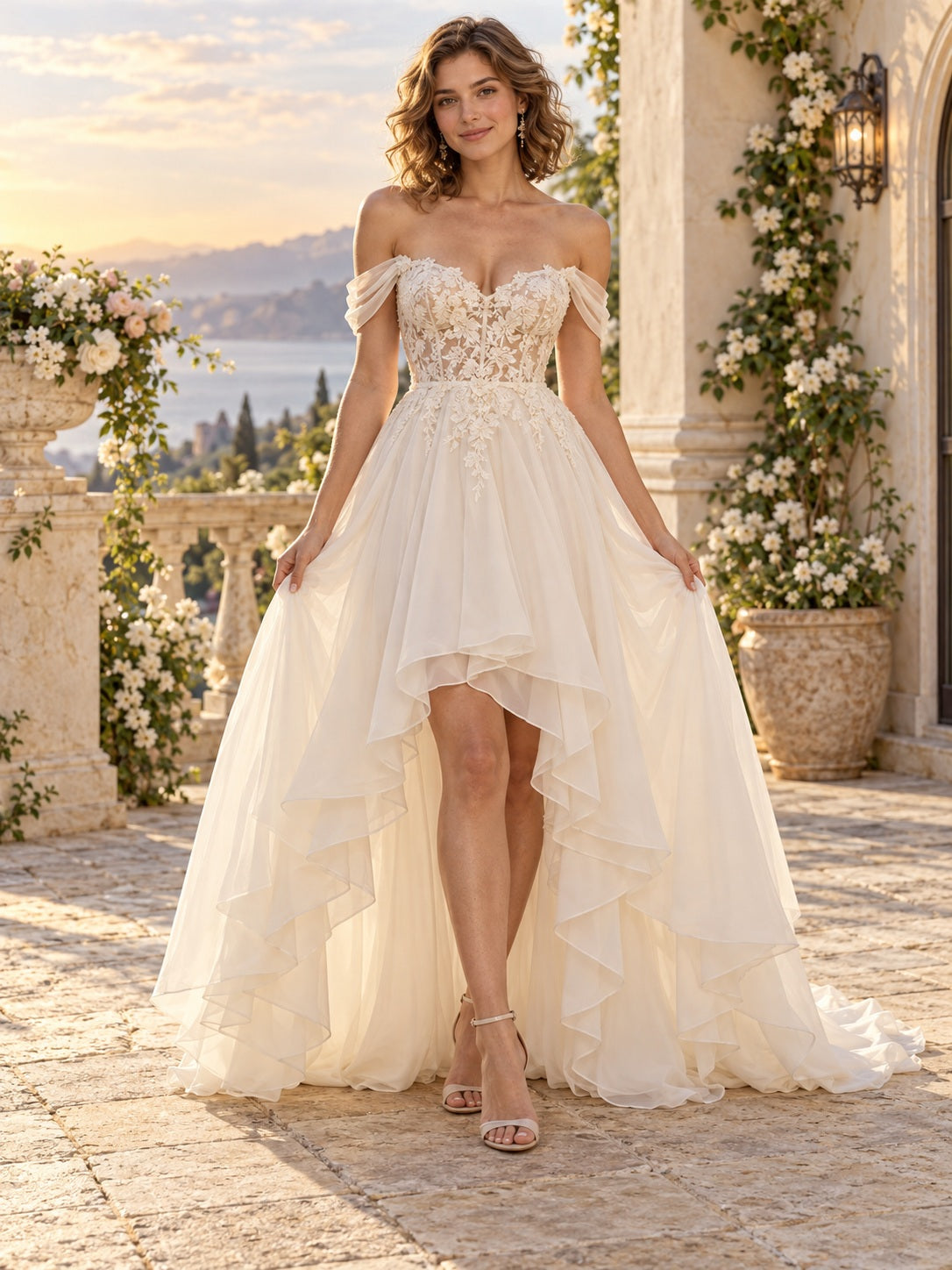 Robe de mariée asymétrique à épaules dénudées, encolure cœur, dentelle florale, mousseline en cascade, coupe trapèze avec traîne