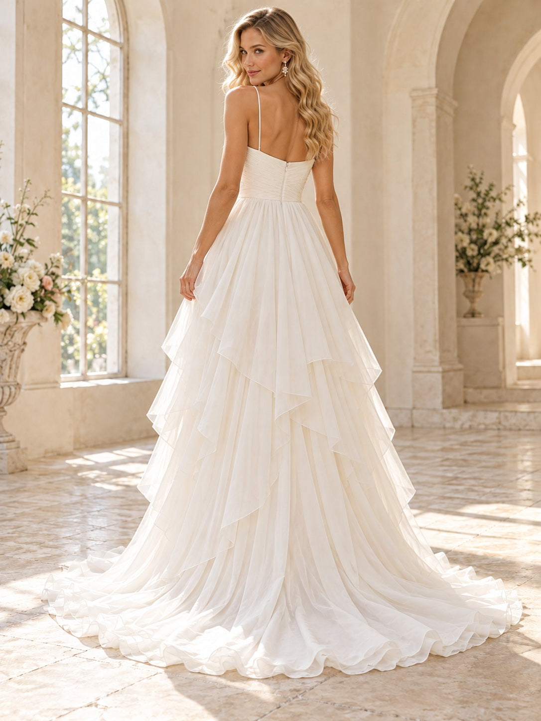 High-low Spaghetti Sweetheart Romantic Gathered Tiered Chiffon A-line Bridal Wedding Dress with Train — image 2, style 747449