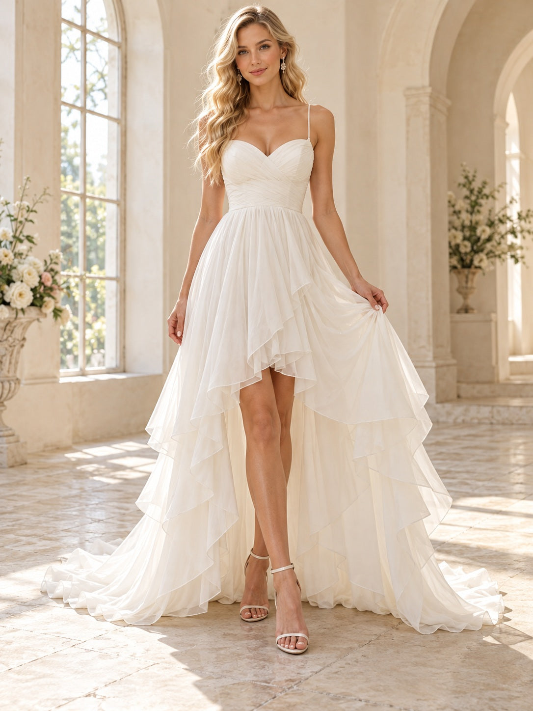 High-low Spaghetti Sweetheart Romantic Gathered Tiered Chiffon A-line Bridal Wedding Dress with Train — image 1, style 747449