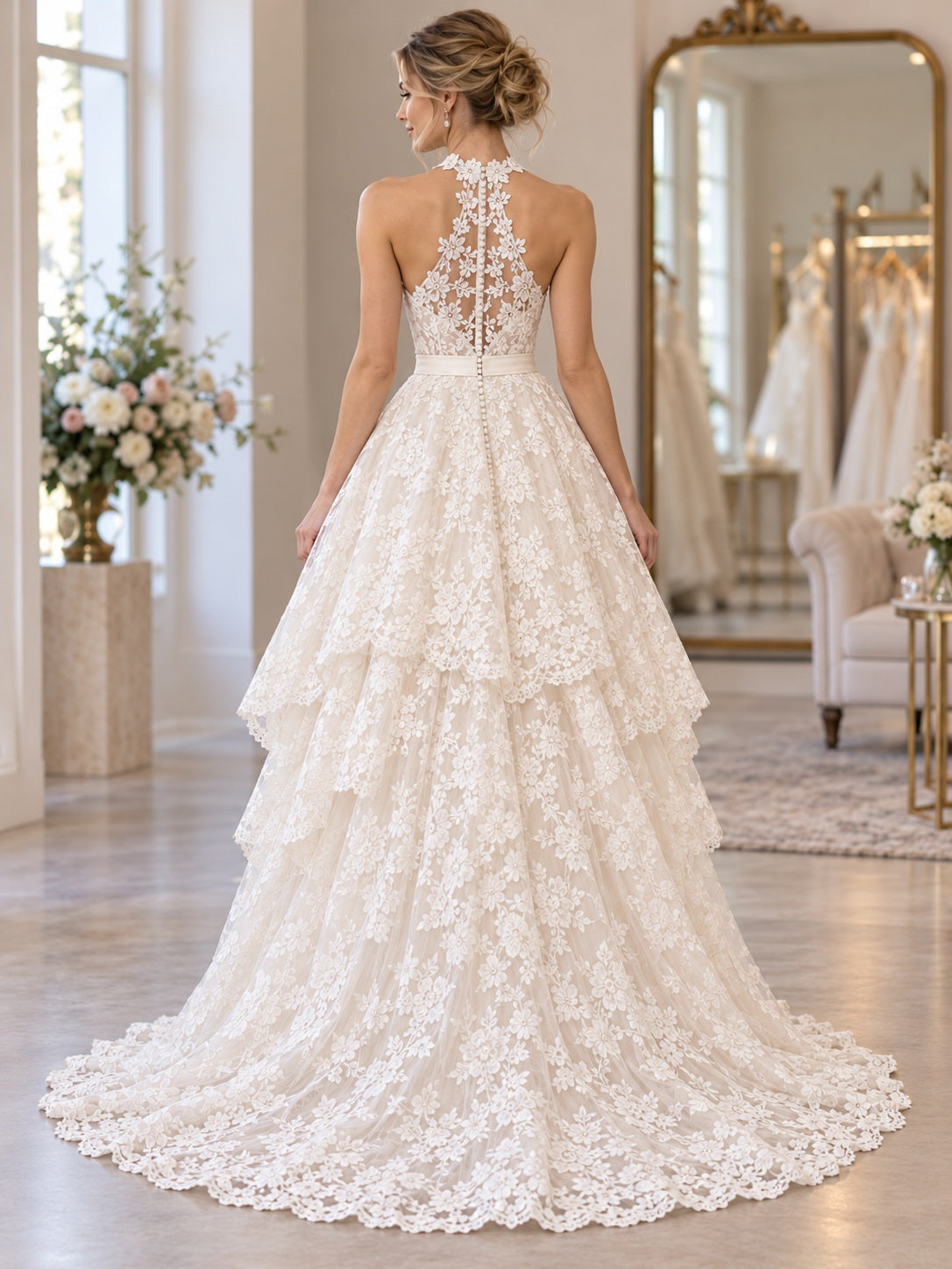 Vestido de novia de encaje y tul en marfil, línea A, escote halter, cuello alto y escote corazón, sin mangas y bajo asimétrico