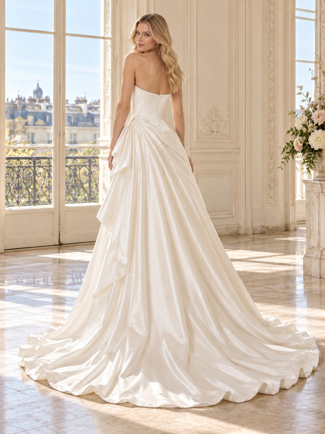 Vestido de novia de satén en marfil, línea A, escote corazón y sin tirantes y bajo asimétrico