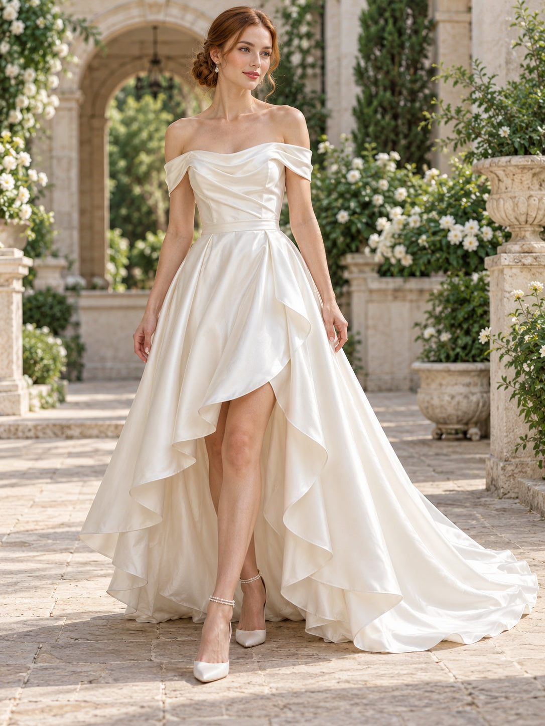 Vestido de novia de satén en marfil, línea A, hombros descubiertos, manga corta y bajo asimétrico